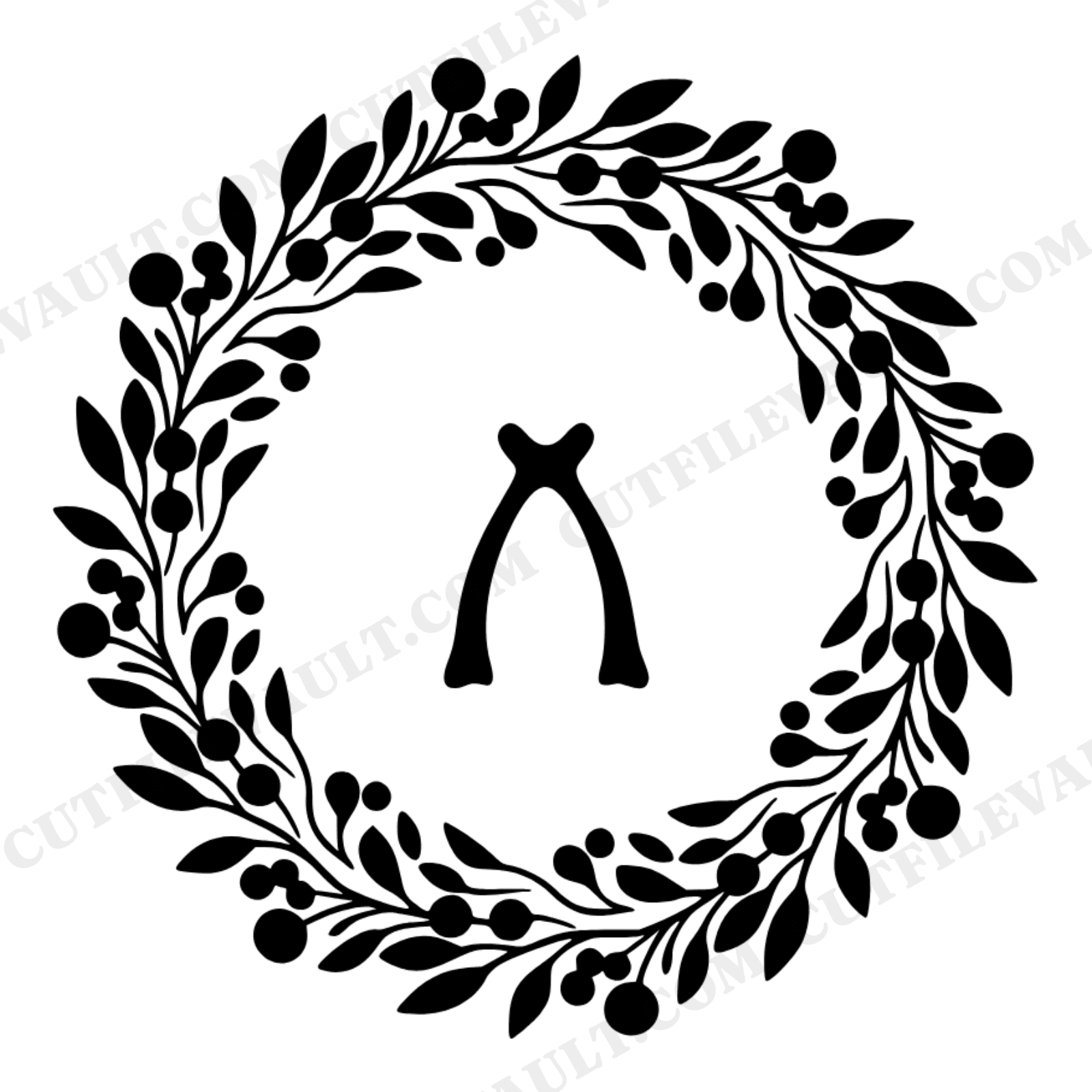 Wishbone Wreath SVG PNG, Autumn Botanical Medallion Silhouette, Thanksgiving Turkey Wishbone Cut File, view 1